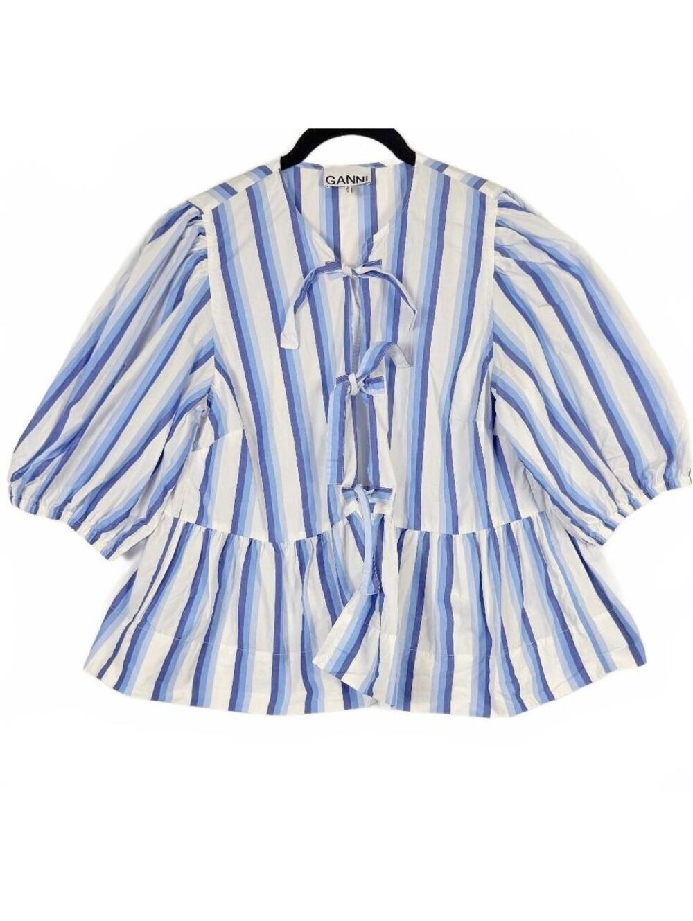 GANNI Size 34 Blue White Striped Tie Front Peplum Blouse Puff Sleeve Top